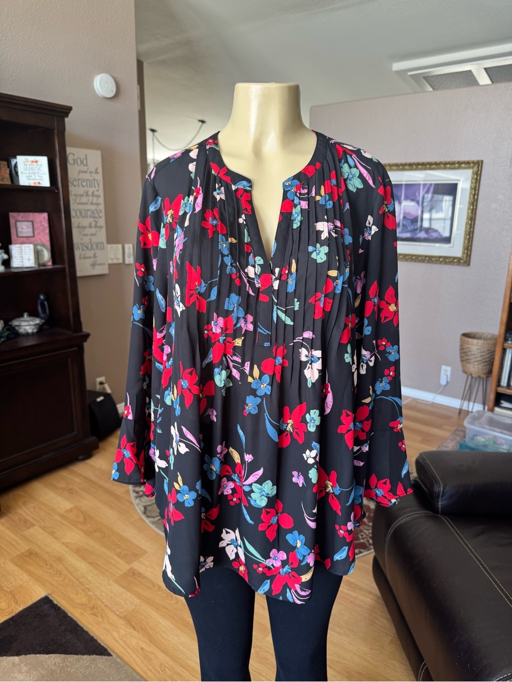 Style & Co black multicolored floral V-neck 3/4 ruffled sleeves blouse-size XL